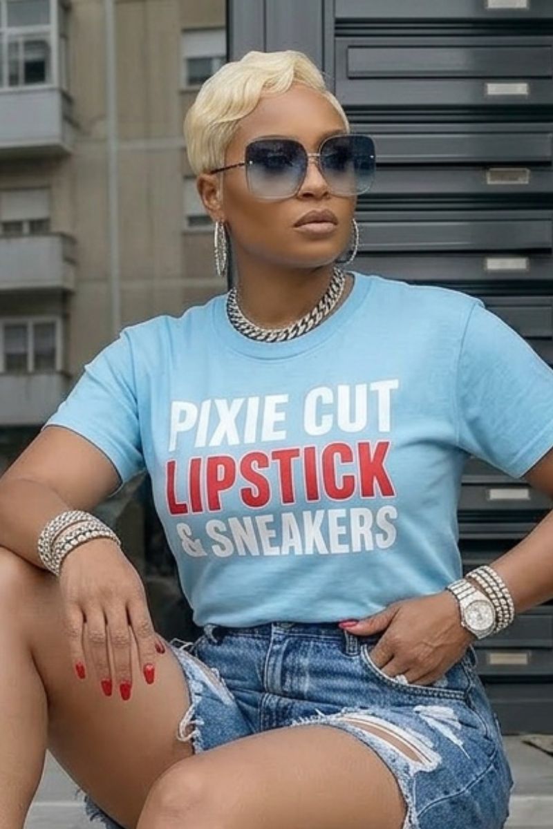 Pixie Cut, Lipsitck, & Sneakers Tshirt-Sky Blu
