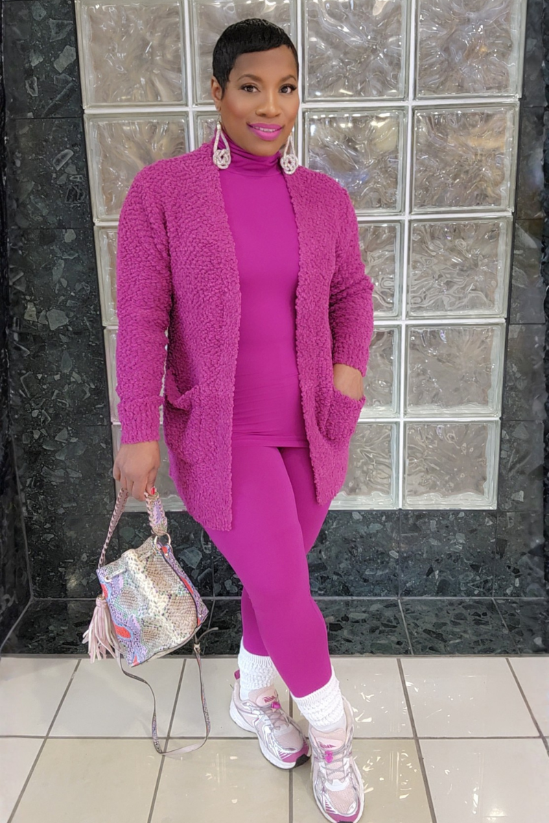 3pc Popcorn Cardigan Set-Plum