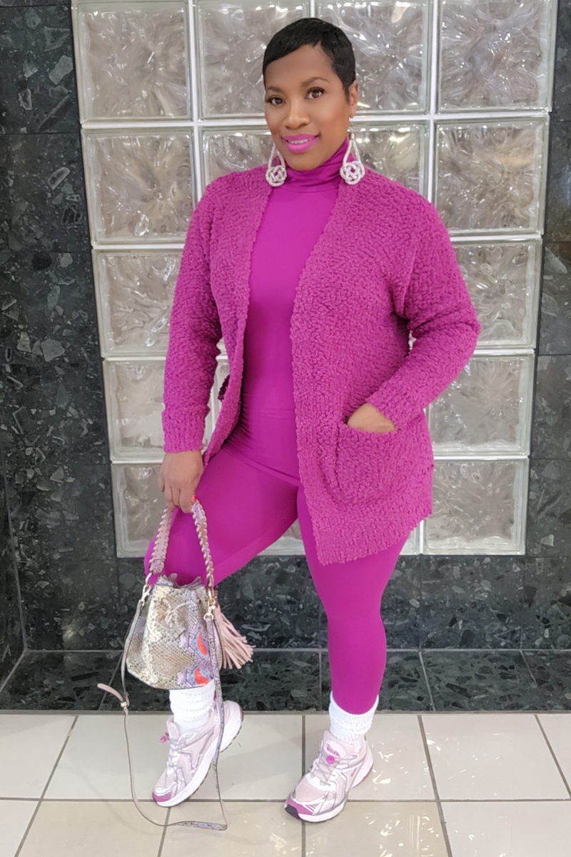 3pc Popcorn Cardigan Set-Plum