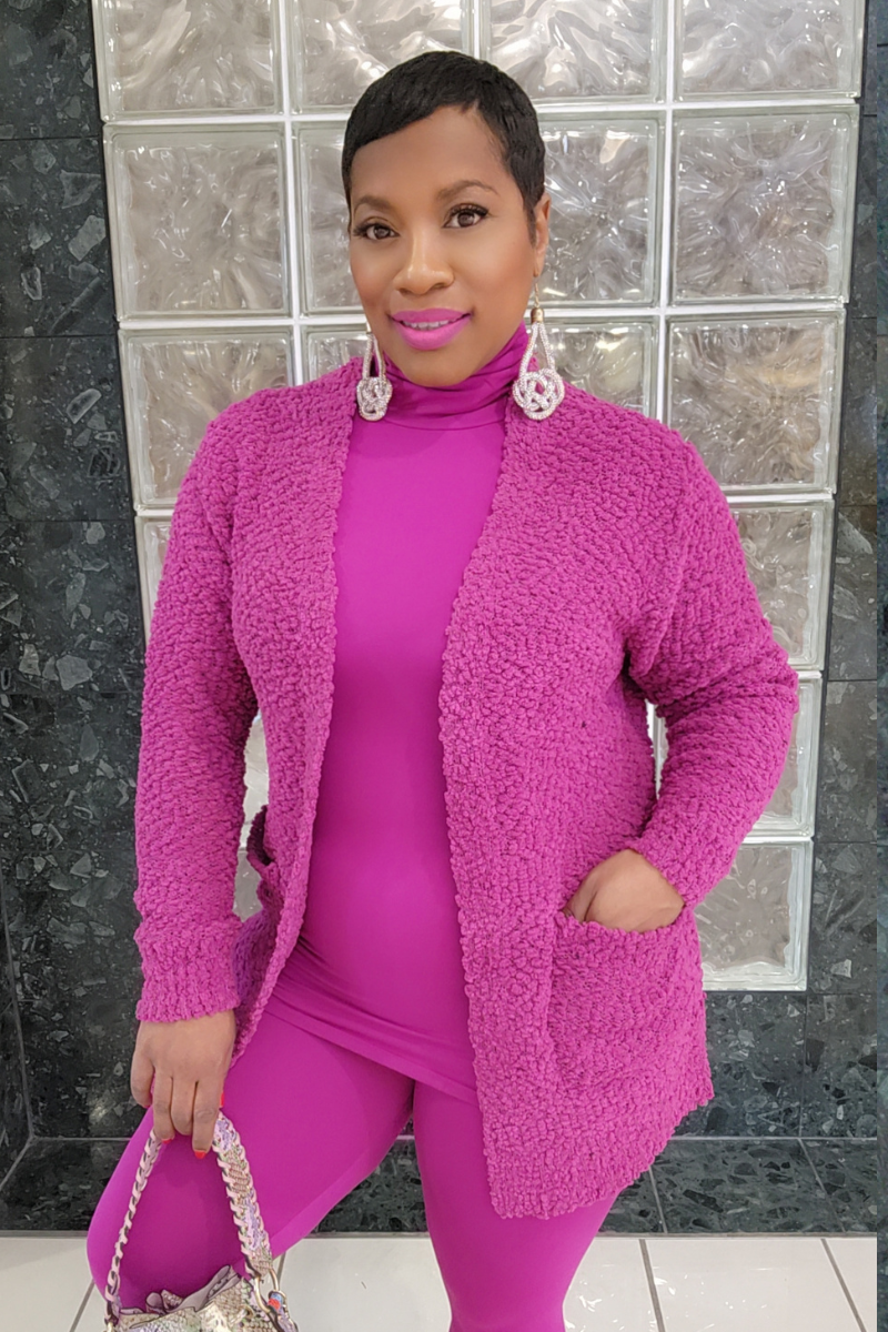 3pc Popcorn Cardigan Set-Plum