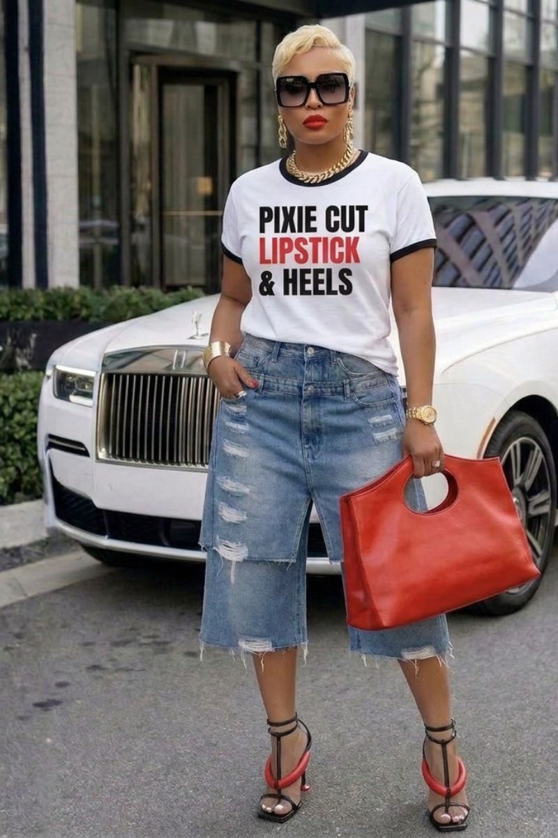 Pixie Cut, Lipsitck, & Heels Ringer Tee (blk)