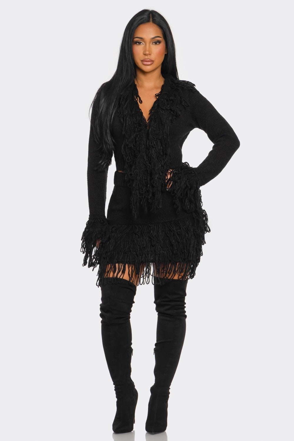 Carli Fringe Sweater Set (Blk)