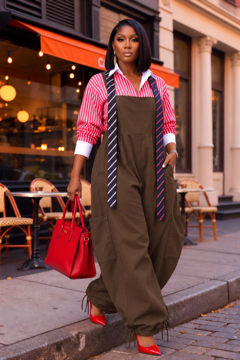 Standing On Business Jumpsuit-Brwn