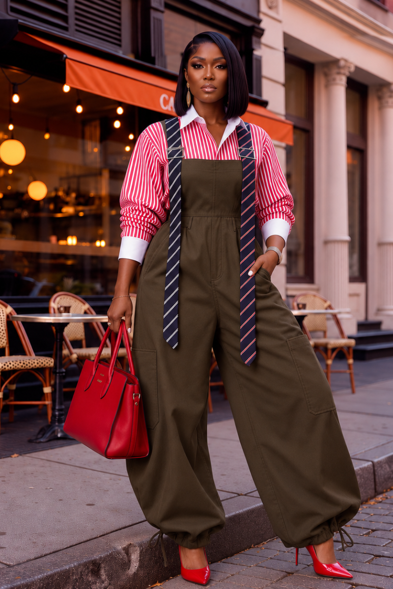 Standing On Business Jumpsuit-Brwn
