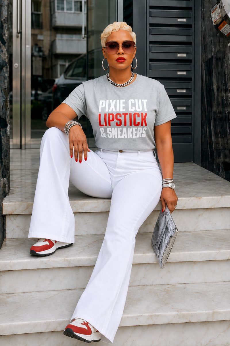 Pixie Cut, Lipsitck, & Sneakers Tshirt - Grey