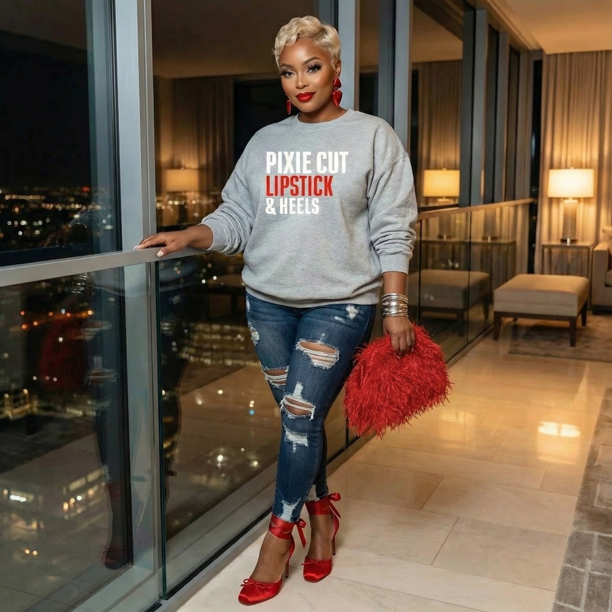 Pixie, Lipstick, & Heels Sweatshirt (Grey)