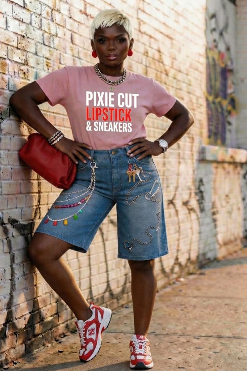 Pixie Cut, Lipsitck, & Sneakers Tshirt- Pink