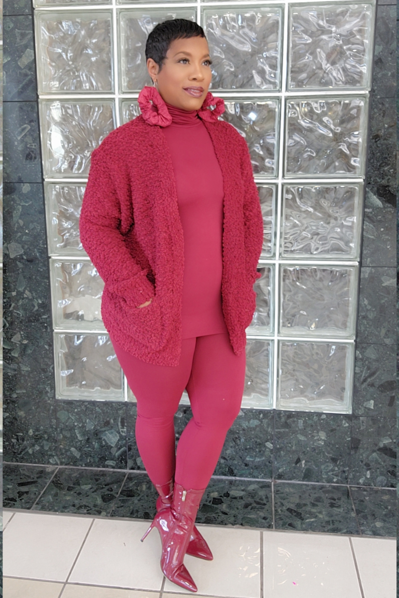 3pc Popcorn Cardigan Set-Burg