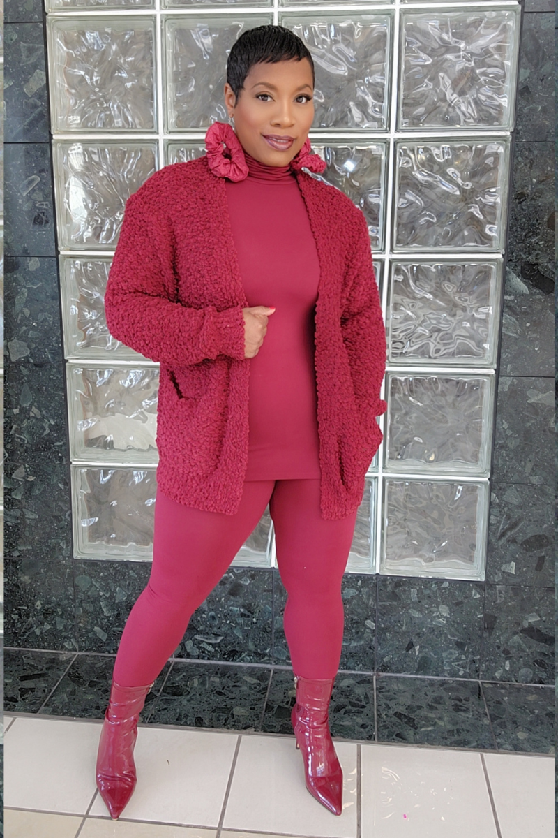 3pc Popcorn Cardigan Set-Burg