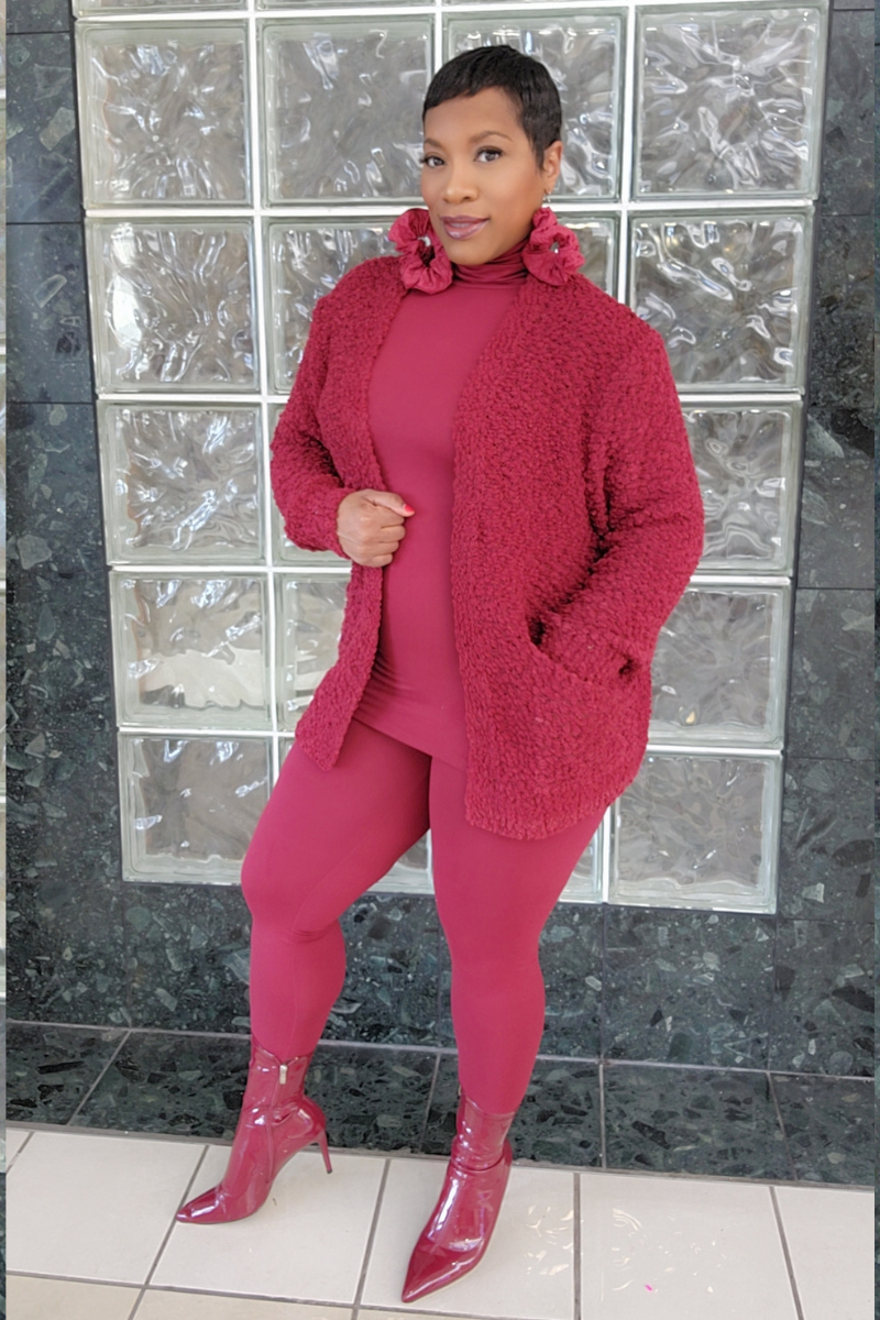 3pc Popcorn Cardigan Set-Burg