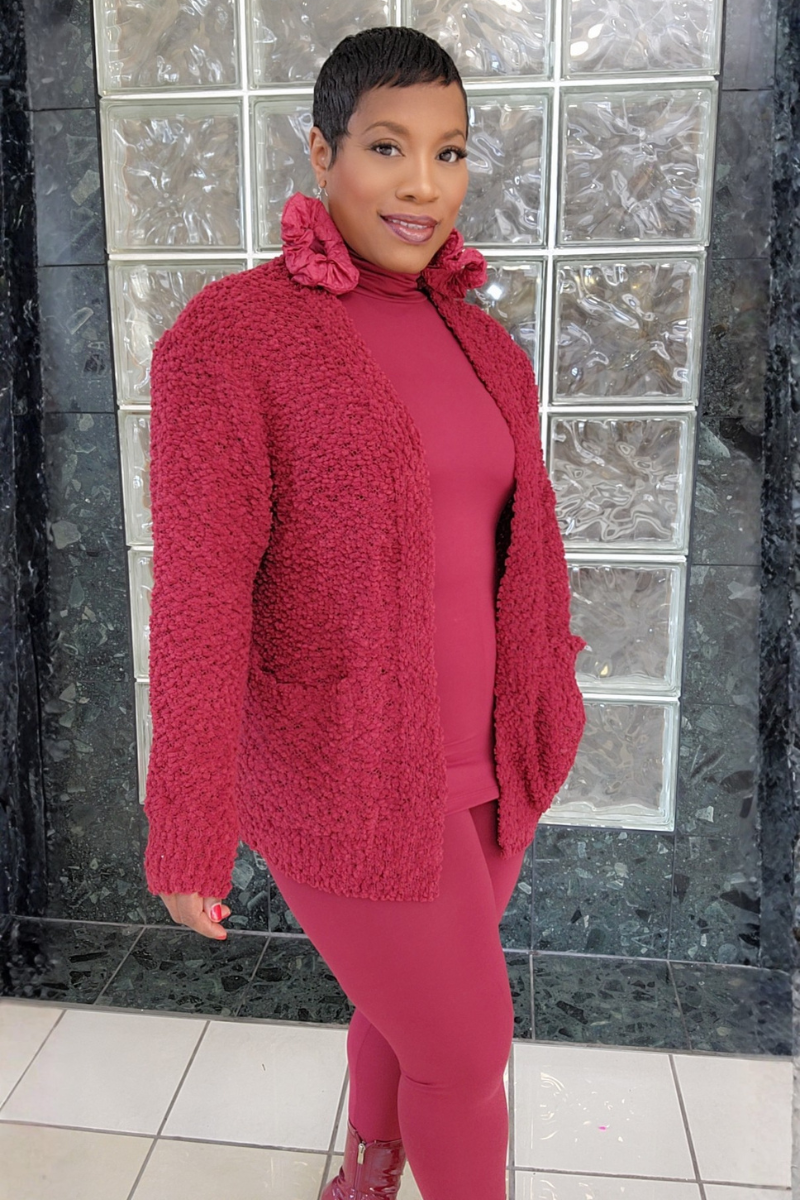 3pc Popcorn Cardigan Set-Burg