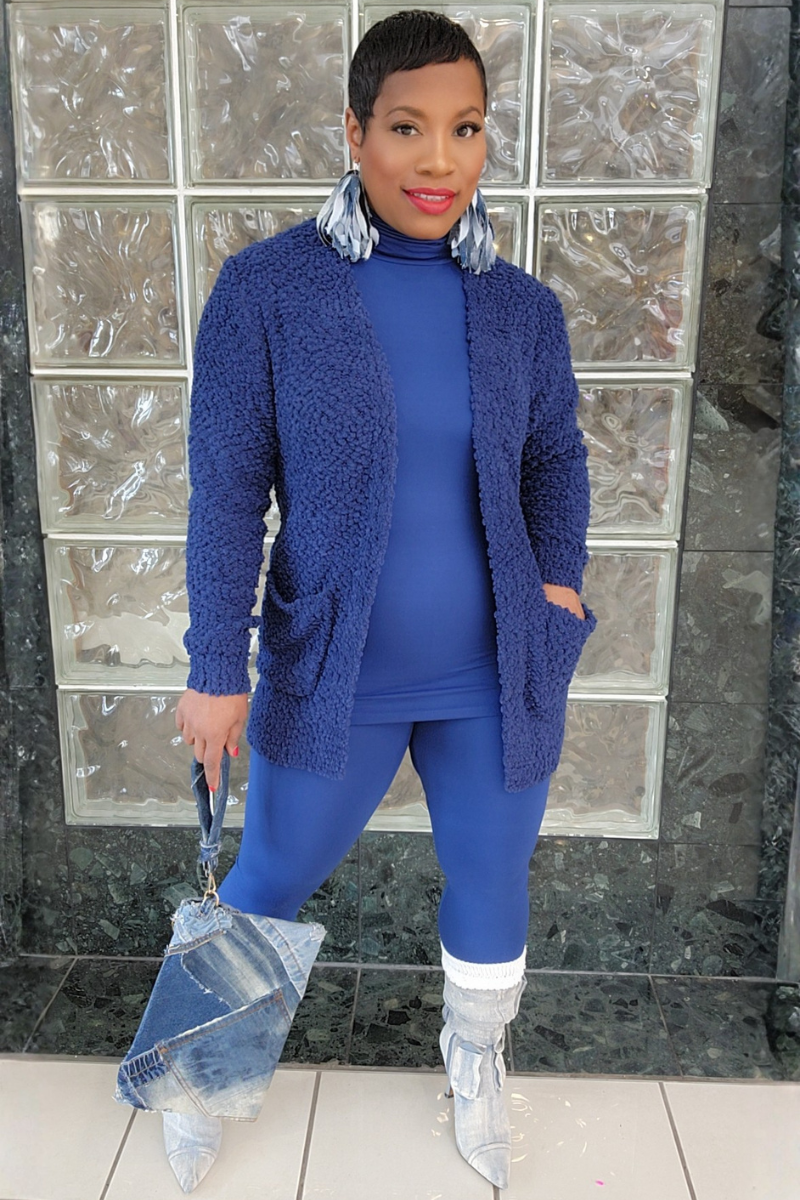 3pc Popcorn Cardigan Set-Navy